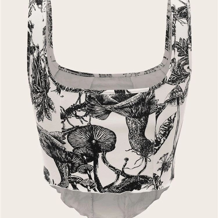 2000s Clothes Y2K Plant Print Corset Top Women Summer Sleeveless Cami Top Harajuku Black Crop Tank Top Streetwear