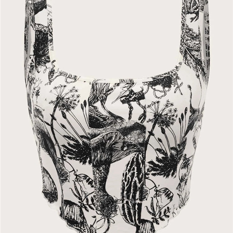 2000s Clothes Y2K Plant Print Corset Top Women Summer Sleeveless Cami Top Harajuku Black Crop Tank Top Streetwear Black