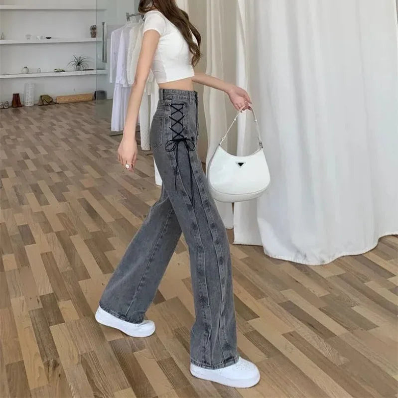 2000s Y2k Bandage Baggy Jeans Women Korean Style Oversize Denim Pants Vintage Harajuku Streetwear Wide Leg Trousers