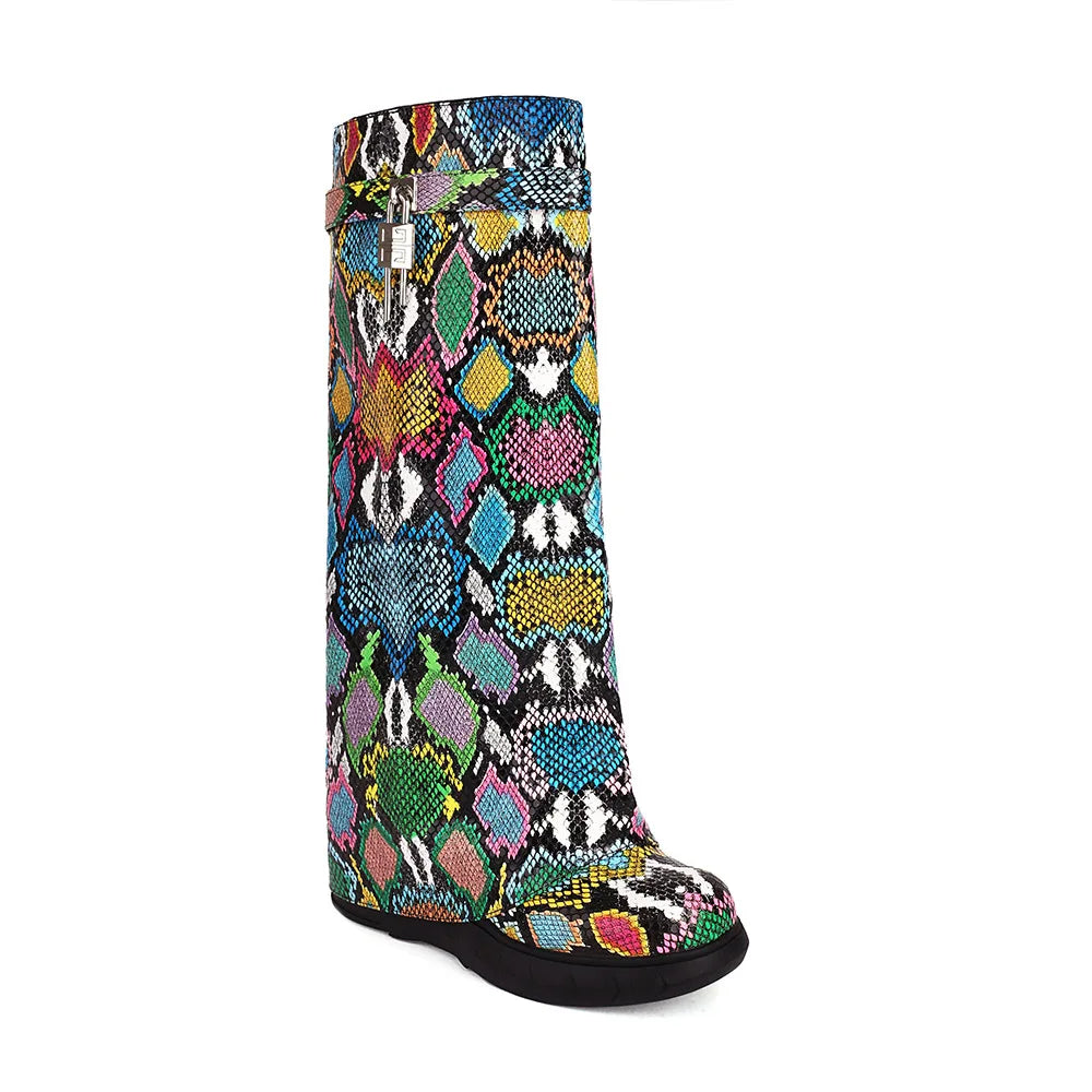 2024 Autumn New Arrival Women's Winter Fashion Colorful Loose Chimney Pipe Wedges Zipper Knee Snake Pattern Large Boot Blue B