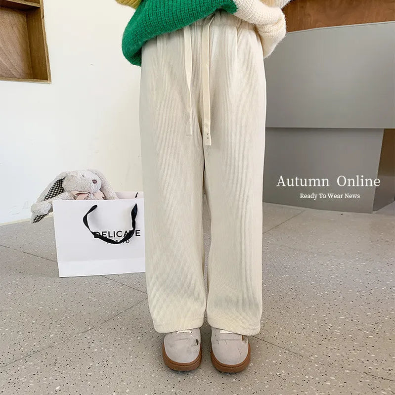 2024 Autumn New Light Luxury Fashion Kids Korean Casual Trousers Girls Comfortable Casual Corduroy Strait Pant Boutique Clothing Beige