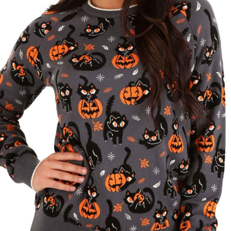 2024 Autumn Vintage Sweaters Winter Thicken Knitwear Pullovers Women Pumpkin Knitted Long Sleeve Sweater Pullover Halloween Tops Slate Grey