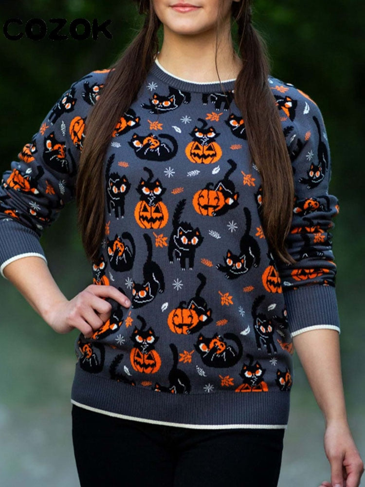 2024 Autumn Vintage Sweaters Winter Thicken Knitwear Pullovers Women Pumpkin Knitted Long Sleeve Sweater Pullover Halloween Tops