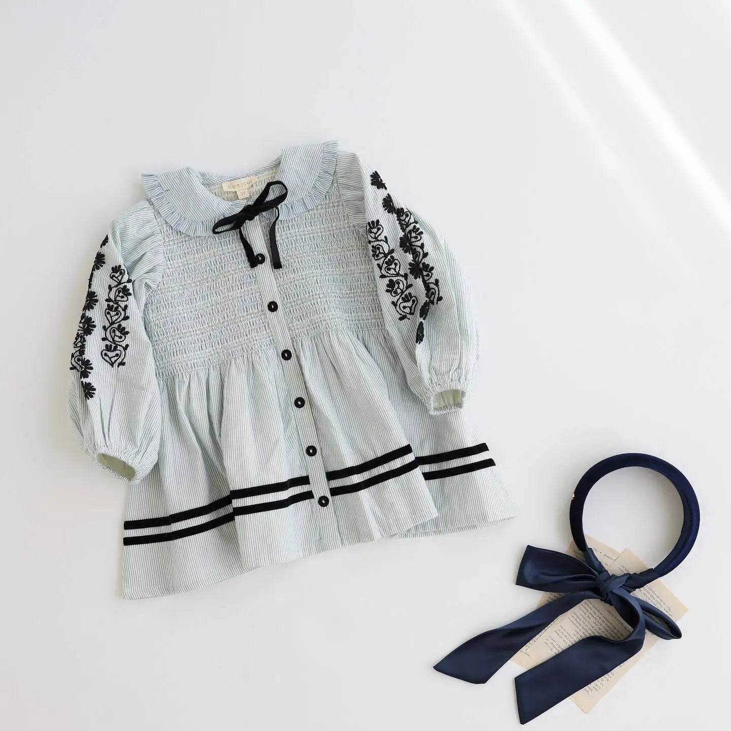 2024 Autumn/Winter BD Girls' Dress Children's High Definition Heavy Industry Embroidery Flower Clamping Bubble Sleeve Polo Neck light blue Embroider
