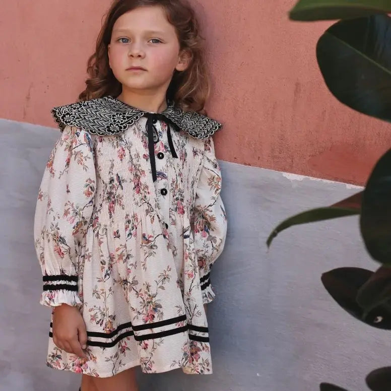 2024 Autumn/Winter BD Girls' Dress Children's High Definition Heavy Industry Embroidery Flower Clamping Bubble Sleeve Polo Neck