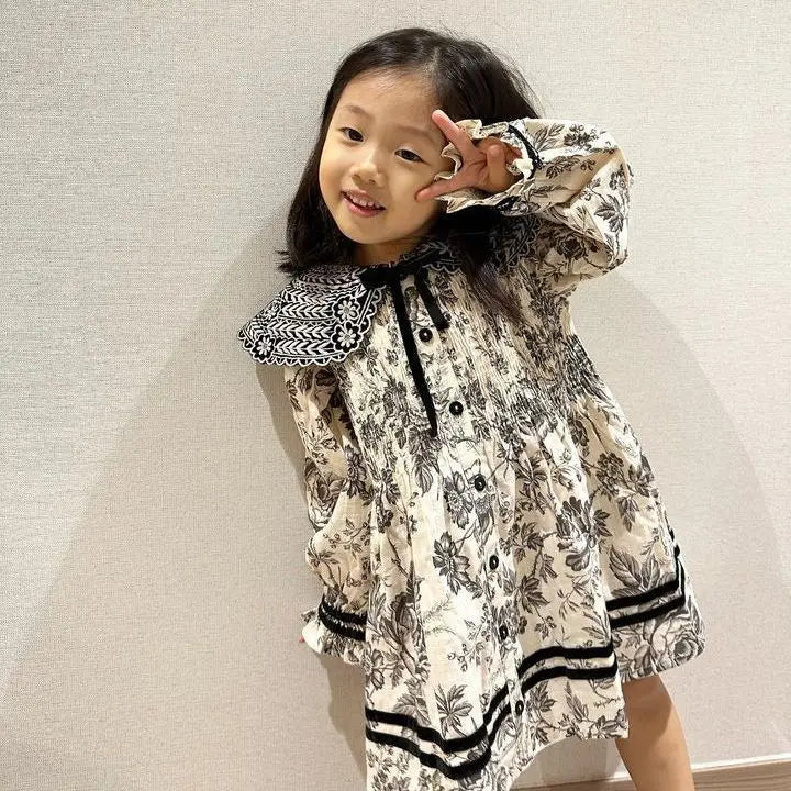 2024 Autumn/Winter BD Girls' Dress Children's High Definition Heavy Industry Embroidery Flower Clamping Bubble Sleeve Polo Neck