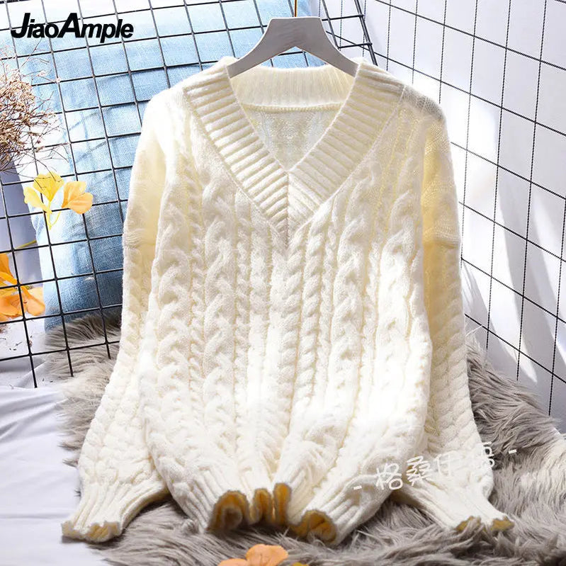 2024 Autumn/Winter New Korean Elegant V-neck Knit Sweater+Shirt+Jeans Three Piece Women's Loose Pullover Denim Pant Matching Set