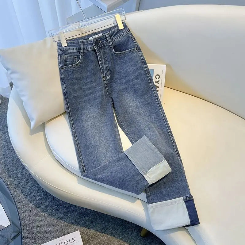 2024 Autumn/Winter New Korean Elegant V-neck Knit Sweater+Shirt+Jeans Three Piece Women's Loose Pullover Denim Pant Matching Set Only Pants