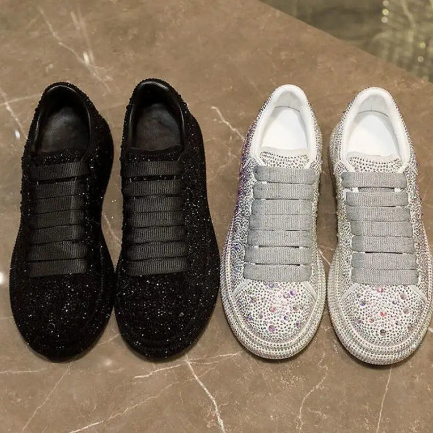 2024 Autumn Women Platform Shoes rhinestones Thick-soled White Silver Shoes Shining Crystal Sneakers Trend Casual Sneakers