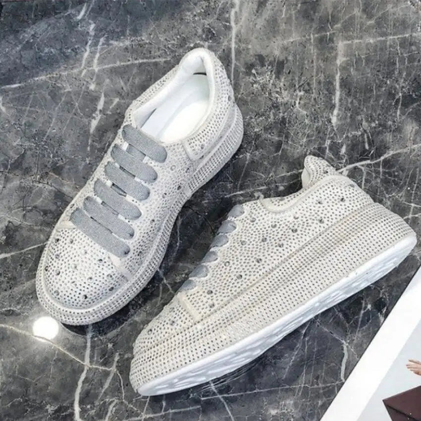2024 Autumn Women Platform Shoes rhinestones Thick-soled White Silver Shoes Shining Crystal Sneakers Trend Casual Sneakers silvery