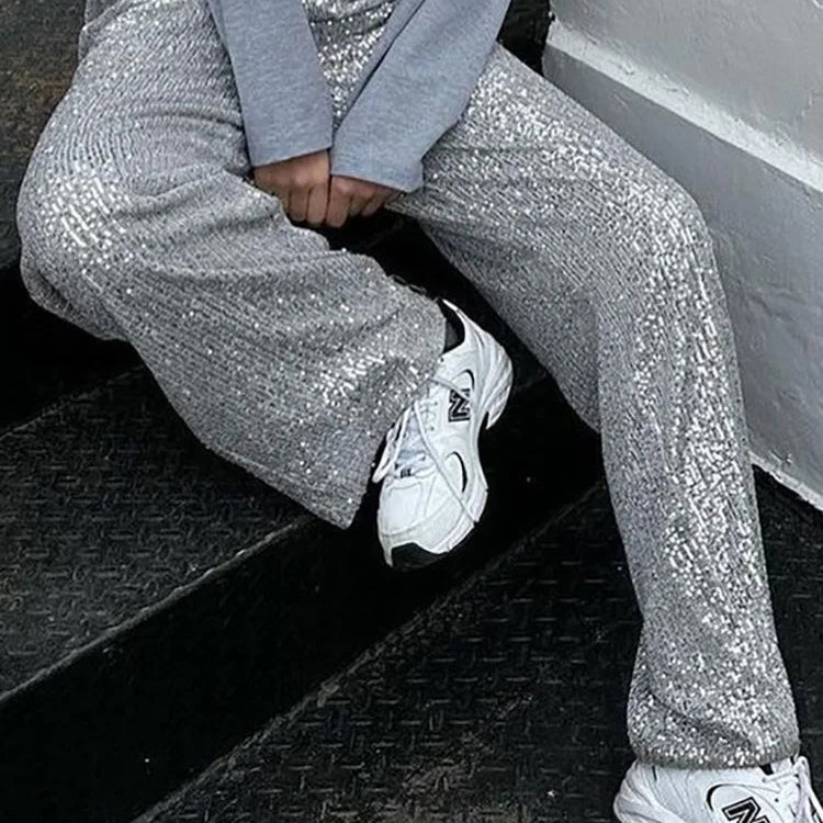 2024 Chic Sequined Full Length Straight Pants Loose Casual Female Solid Long Pants Elegant Women Streetwear All Match Trousers
