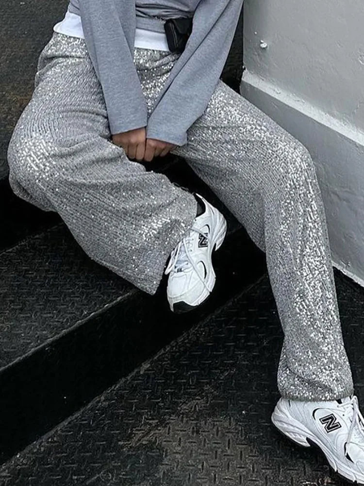 2024 Chic Sequined Full Length Straight Pants Loose Casual Female Solid Long Pants Elegant Women Streetwear All Match Trousers