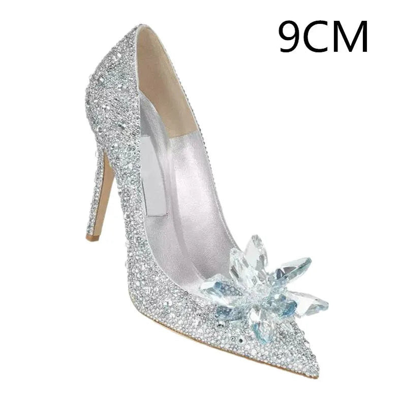 2024 Cinderella Crystal Gold Dress Bridal Shoes Silver Pointed High Heels Stiletto Bridesmaid Shallow Mouth Wedding Shoes Women White Drill-9CM Heel
