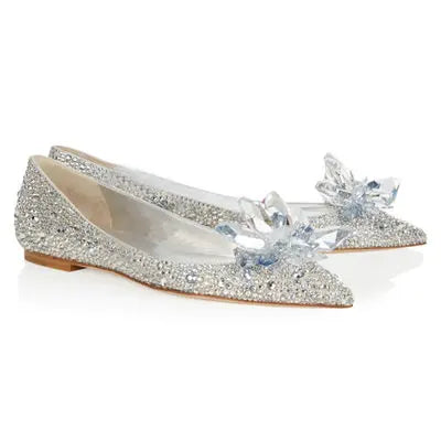 2024 Cinderella Crystal Gold Dress Bridal Shoes Silver Pointed High Heels Stiletto Bridesmaid Shallow Mouth Wedding Shoes Women White Drill Flat