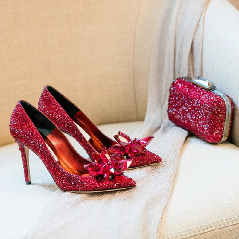 2024 Cinderella Crystal Gold Dress Bridal Shoes Silver Pointed High Heels Stiletto Bridesmaid Shallow Mouth Wedding Shoes Women