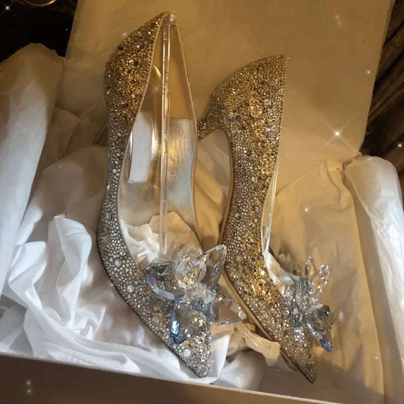 2024 Cinderella Crystal Gold Dress Bridal Shoes Silver Pointed High Heels Stiletto Bridesmaid Shallow Mouth Wedding Shoes Women