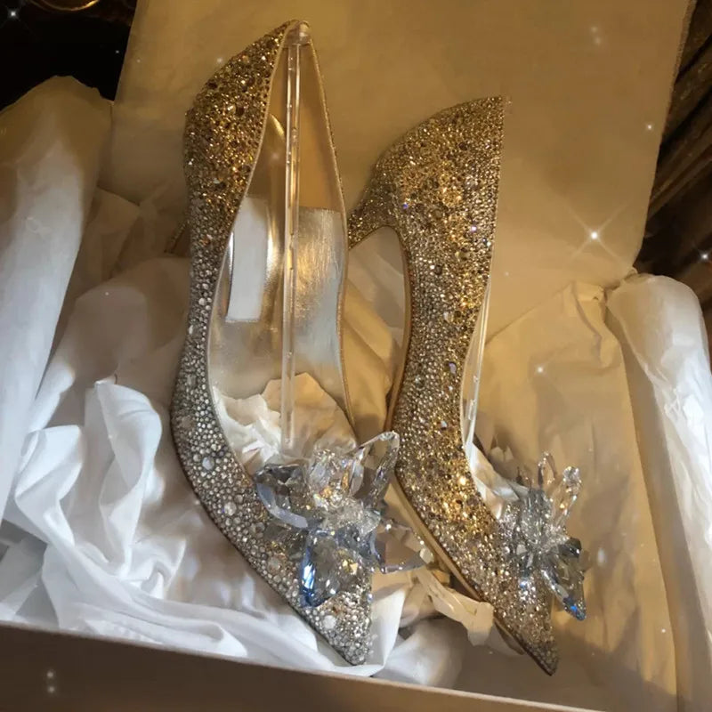 2024 Cinderella Crystal Gold Dress Bridal Shoes Silver Pointed High Heels Stiletto Bridesmaid Shallow Mouth Wedding Shoes Women