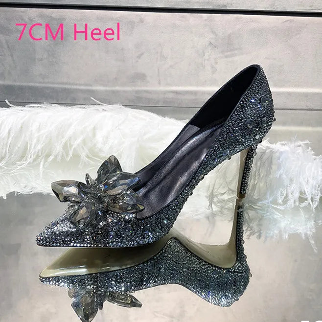 2024 Cinderella Crystal Gold Dress Bridal Shoes Silver Pointed High Heels Stiletto Bridesmaid Shallow Mouth Wedding Shoes Women Black -7CM Heel