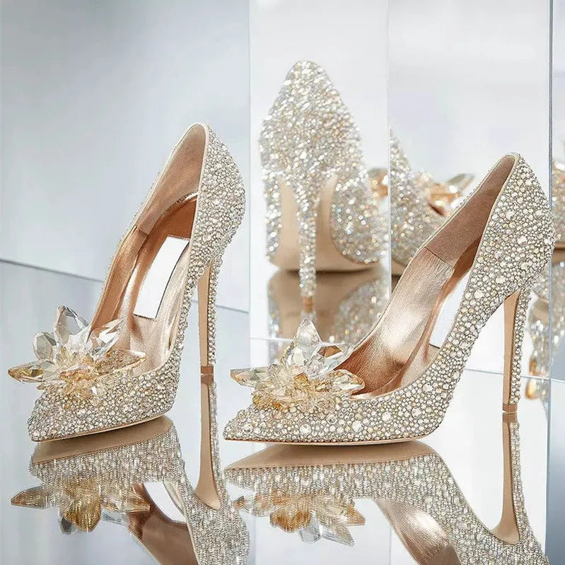 2024 Cinderella Crystal Gold Dress Bridal Shoes Silver Pointed High Heels Stiletto Bridesmaid Shallow Mouth Wedding Shoes Women