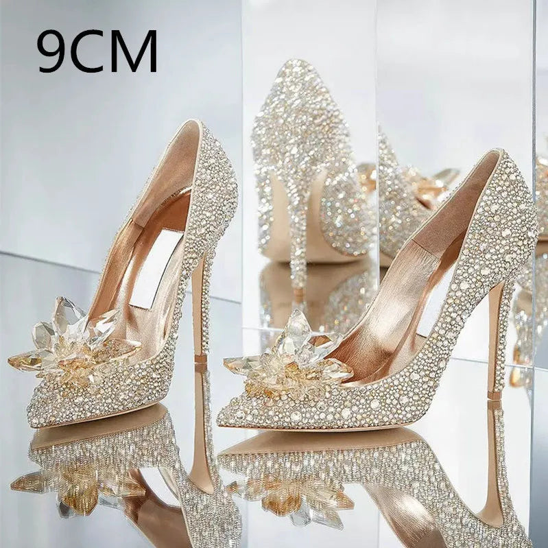 2024 Cinderella Crystal Gold Dress Bridal Shoes Silver Pointed High Heels Stiletto Bridesmaid Shallow Mouth Wedding Shoes Women Gold -9CM Heel