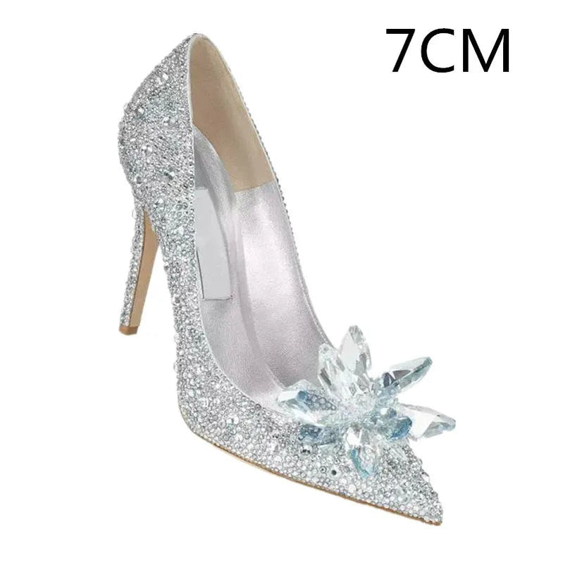 2024 Cinderella Crystal Gold Dress Bridal Shoes Silver Pointed High Heels Stiletto Bridesmaid Shallow Mouth Wedding Shoes Women White Drill-7CM Heel