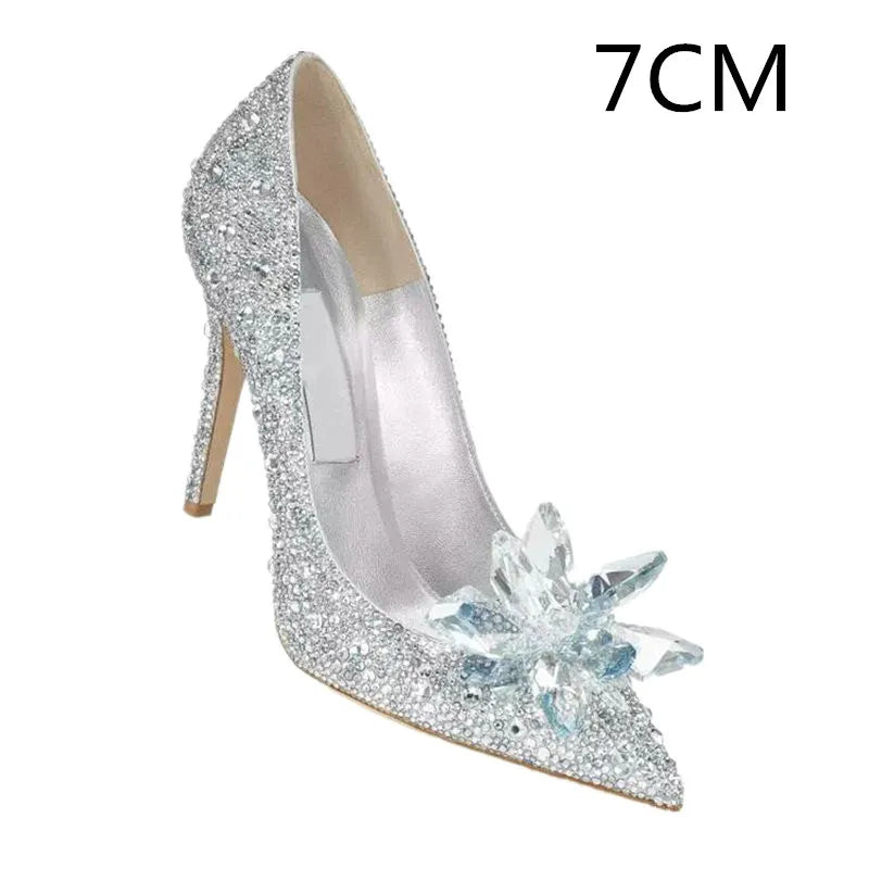 2024 Cinderella Crystal Gold Dress Bridal Shoes Silver Pointed High Heels Stiletto Bridesmaid Shallow Mouth Wedding Shoes Women White Drill-7CM Heel
