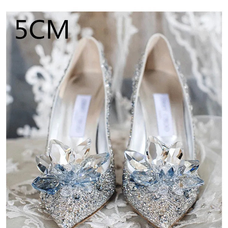 2024 Cinderella Crystal Gold Dress Bridal Shoes Silver Pointed High Heels Stiletto Bridesmaid Shallow Mouth Wedding Shoes Women Silver Drill-5CMHeel