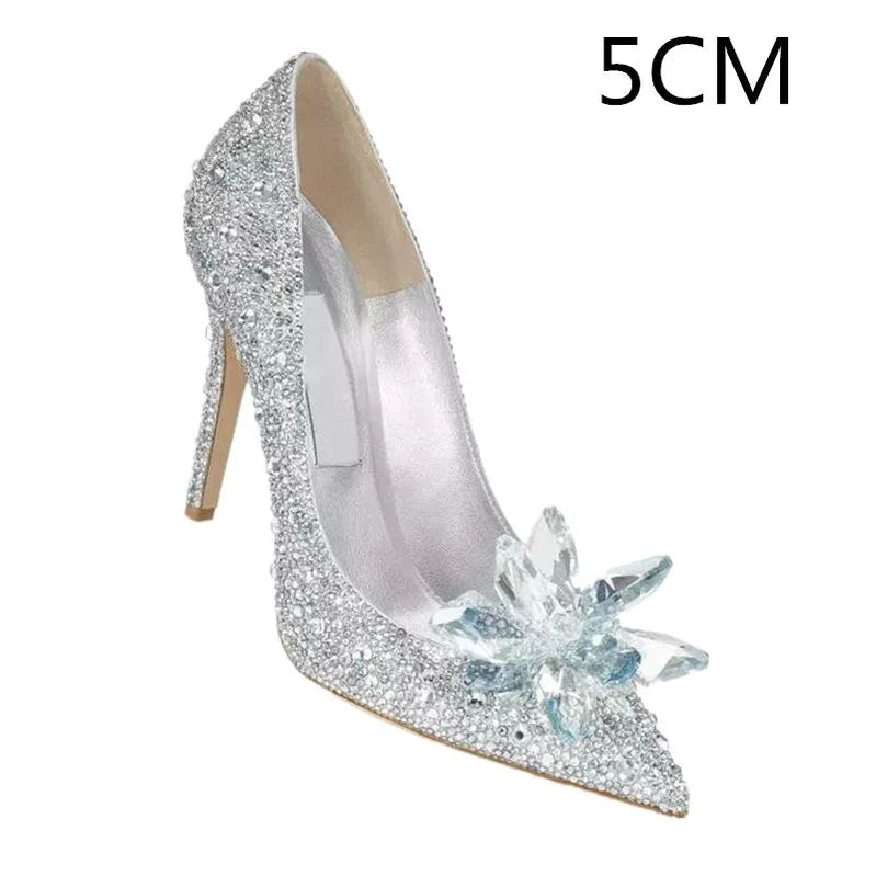 2024 Cinderella Crystal Gold Dress Bridal Shoes Silver Pointed High Heels Stiletto Bridesmaid Shallow Mouth Wedding Shoes Women White Drill-5CM Heel