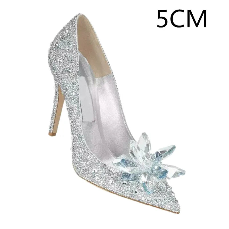 2024 Cinderella Crystal Gold Dress Bridal Shoes Silver Pointed High Heels Stiletto Bridesmaid Shallow Mouth Wedding Shoes Women White Drill-5CM Heel