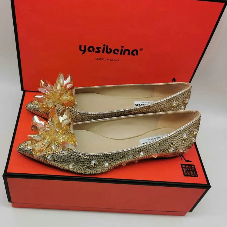 2024 Cinderella Crystal Gold Dress Bridal Shoes Silver Pointed High Heels Stiletto Bridesmaid Shallow Mouth Wedding Shoes Women Gold Drill Flat