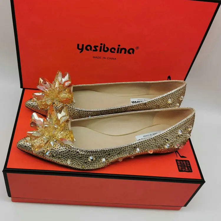 2024 Cinderella Crystal Gold Dress Bridal Shoes Silver Pointed High Heels Stiletto Bridesmaid Shallow Mouth Wedding Shoes Women Gold Drill Flat