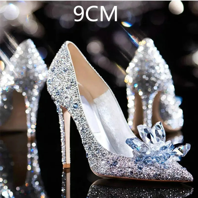 2024 Cinderella Crystal Gold Dress Bridal Shoes Silver Pointed High Heels Stiletto Bridesmaid Shallow Mouth Wedding Shoes Women Silver Drill-9CMHeel