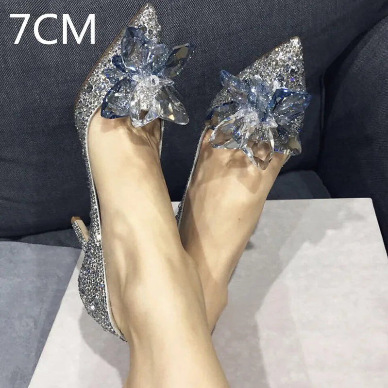2024 Cinderella Crystal Gold Dress Bridal Shoes Silver Pointed High Heels Stiletto Bridesmaid Shallow Mouth Wedding Shoes Women Silver Drill-7CMHeel