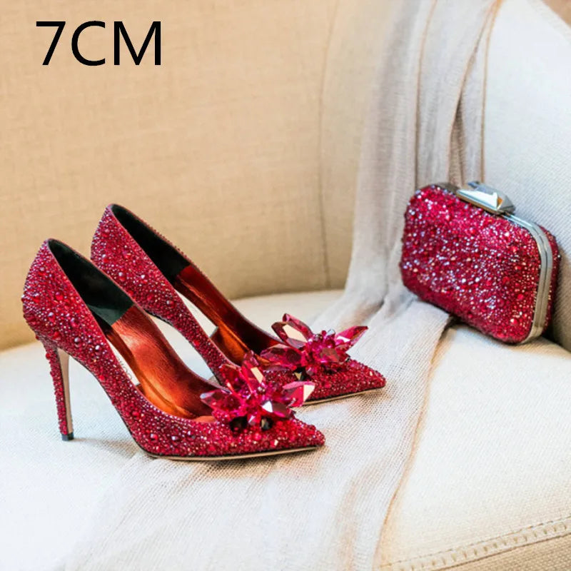2024 Cinderella Crystal Gold Dress Bridal Shoes Silver Pointed High Heels Stiletto Bridesmaid Shallow Mouth Wedding Shoes Women Red -7CM Heel