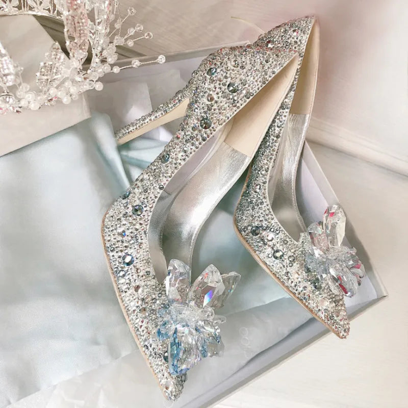 2024 Cinderella Crystal Gold Dress Bridal Shoes Silver Pointed High Heels Stiletto Bridesmaid Shallow Mouth Wedding Shoes Women