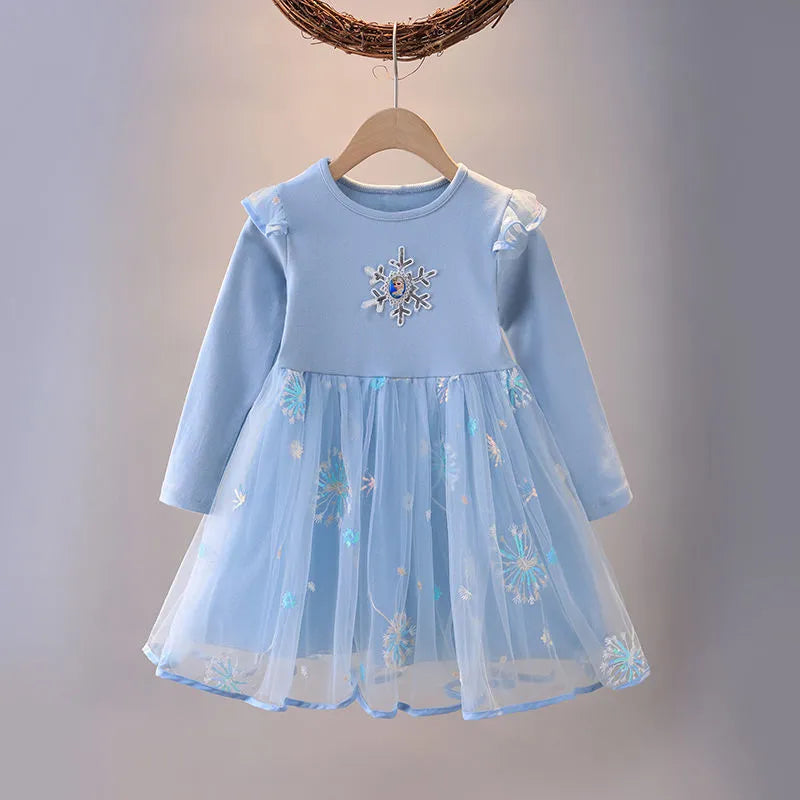 2024 Elsa Princess Dress Baby Girls Dress Spring Autumn Kids Dress Party Long-sleeved Children's Frozen Formal Dress 2-9Y