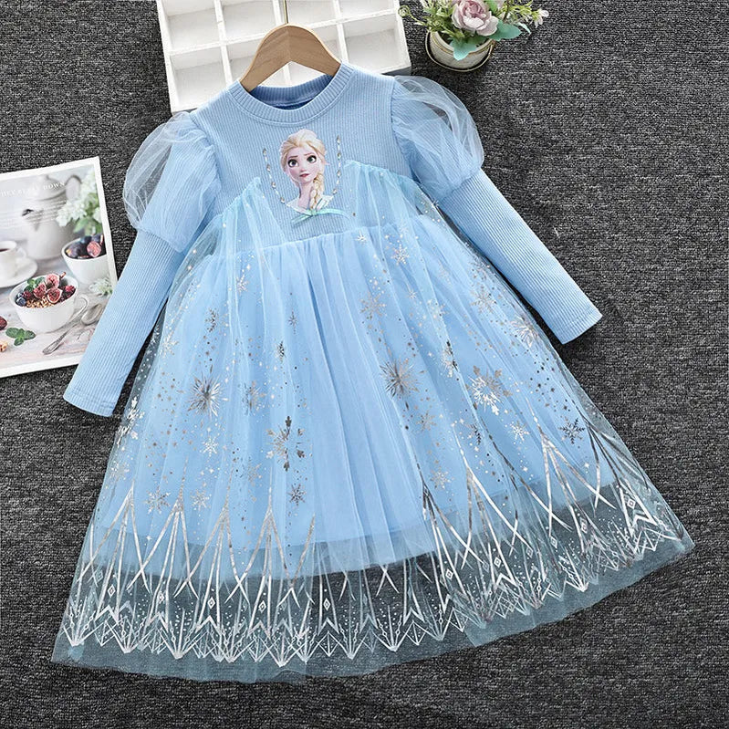 2024 Elsa Princess Dress Baby Girls Dress Spring Autumn Kids Dress Party Long-sleeved Children's Frozen Formal Dress 2-9Y