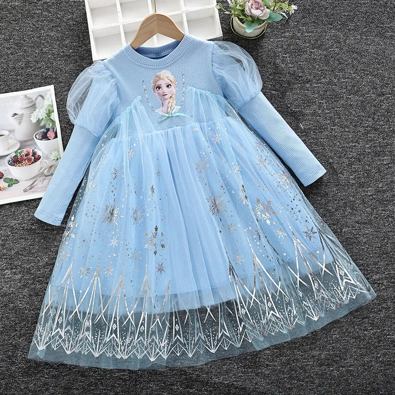 2024 Elsa Princess Dress Baby Girls Dress Spring Autumn Kids Dress Party Long-sleeved Children's Frozen Formal Dress 2-9Y