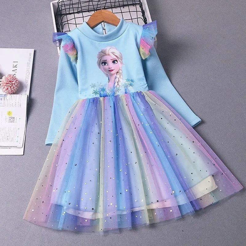 2024 Elsa Princess Dress Baby Girls Dress Spring Autumn Kids Dress Party Long-sleeved Children's Frozen Formal Dress 2-9Y
