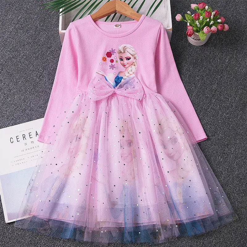 2024 Elsa Princess Dress Baby Girls Dress Spring Autumn Kids Dress Party Long-sleeved Children's Frozen Formal Dress 2-9Y