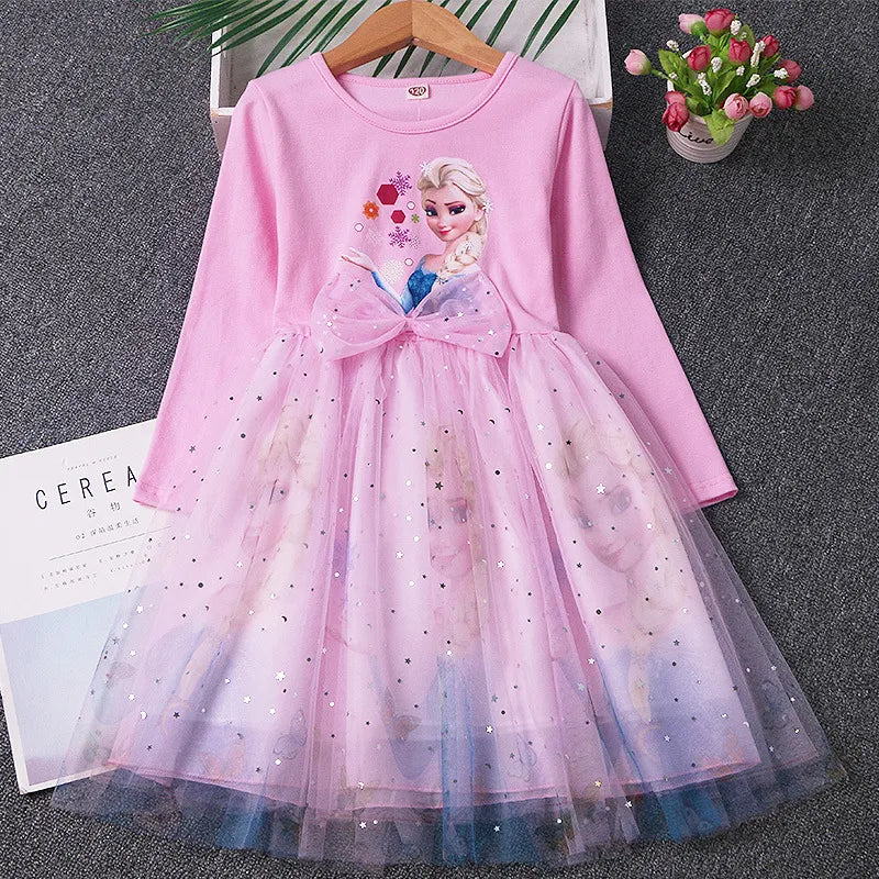 2024 Elsa Princess Dress Baby Girls Dress Spring Autumn Kids Dress Party Long-sleeved Children's Frozen Formal Dress 2-9Y
