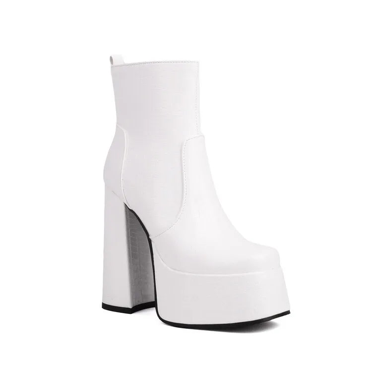 2024 Fantasy Lacquer Leather Side Zipper Short Boots 14cm Thick Heel Gretel Silver Leather Fashion Car Model Square Headed Boots 119-white