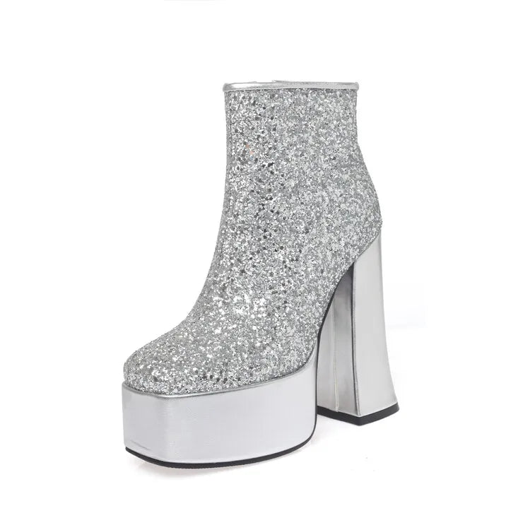 2024 Fantasy Lacquer Leather Side Zipper Short Boots 14cm Thick Heel Gretel Silver Leather Fashion Car Model Square Headed Boots