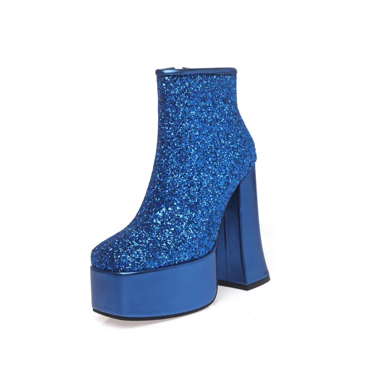 2024 Fantasy Lacquer Leather Side Zipper Short Boots 14cm Thick Heel Gretel Silver Leather Fashion Car Model Square Headed Boots