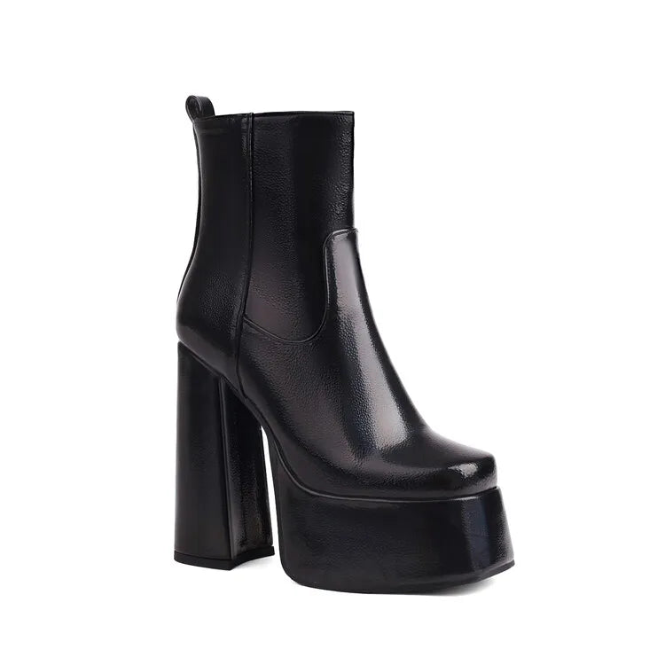 2024 Fantasy Lacquer Leather Side Zipper Short Boots 14cm Thick Heel Gretel Silver Leather Fashion Car Model Square Headed Boots 121-black