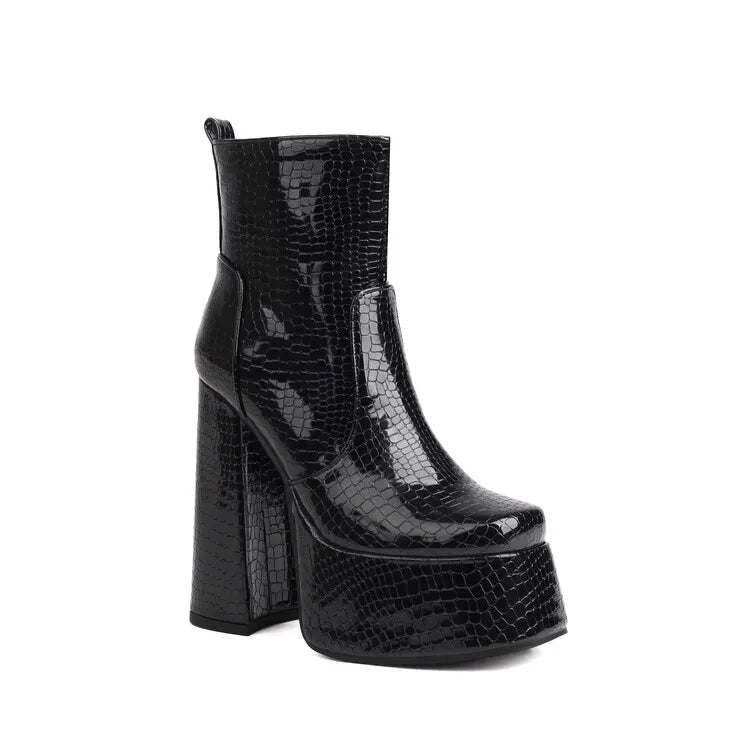 2024 Fantasy Lacquer Leather Side Zipper Short Boots 14cm Thick Heel Gretel Silver Leather Fashion Car Model Square Headed Boots 119-black