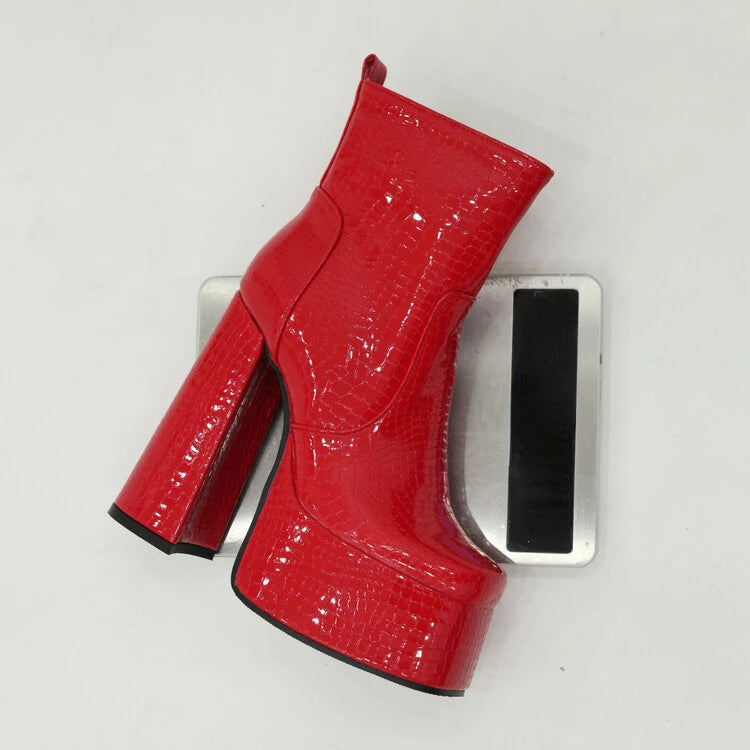 2024 Fantasy Lacquer Leather Side Zipper Short Boots 14cm Thick Heel Gretel Silver Leather Fashion Car Model Square Headed Boots 119-red