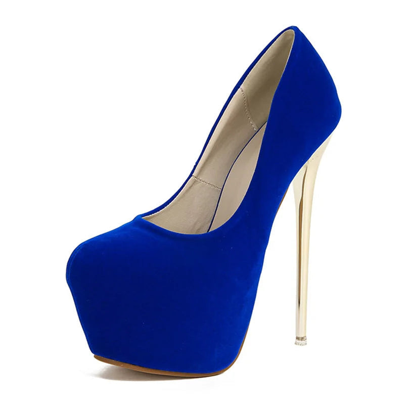2024 Fashion Sexy Platform Round Head Thin Heels Pumps Women's Flock Super High Heels Shoes Wedding Dress Zapatos Mules Blue