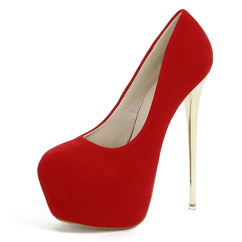 2024 Fashion Sexy Platform Round Head Thin Heels Pumps Women's Flock Super High Heels Shoes Wedding Dress Zapatos Mules Red