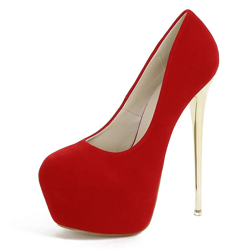 2024 Fashion Sexy Platform Round Head Thin Heels Pumps Women's Flock Super High Heels Shoes Wedding Dress Zapatos Mules Red